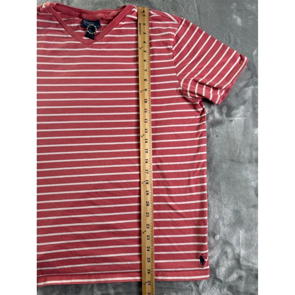 Polo Ralph Lauren Men's V-Neck T-Shirt Large Red White Striped Cotton Pony Logo